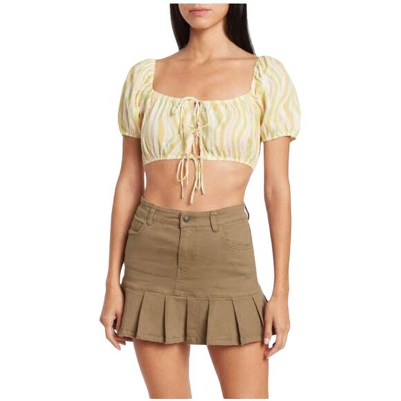 SALE Elodie Retro Puff Sleeve Tie-Front Crop Top Pastel Multi Yellow S/L NWOT - Picture 1 of 13